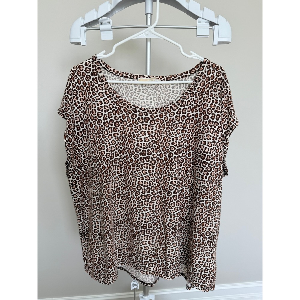 Michael Kors Top Women Large Brown Viscose Leopard Print Scoop Neck Short Sleeve